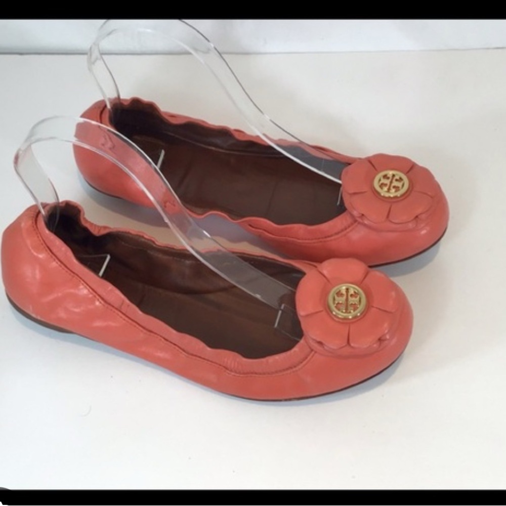 TORY BURCH SAMBA ORANGE BLOSSOM FLOWER CALF LEATHER FLATS SZ 10.5